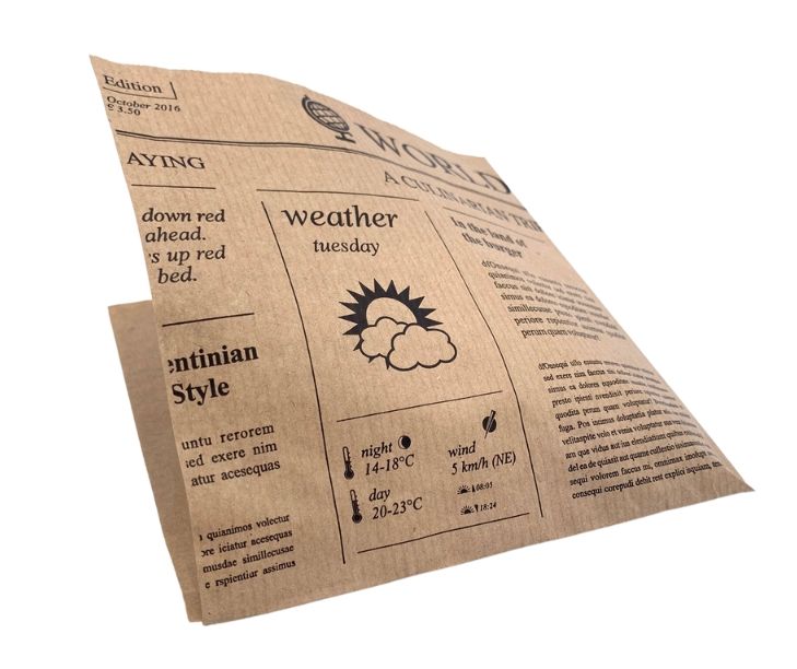 Perga-Snackbeutel Newspaper 2-Seitig offen 15 x 16 cm braun