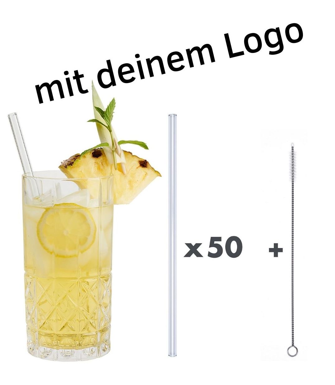 50 x Glastrinkhalme Klar Ø 8 mm Länge 23 cm + 1 Reinigungsbürste + Logo