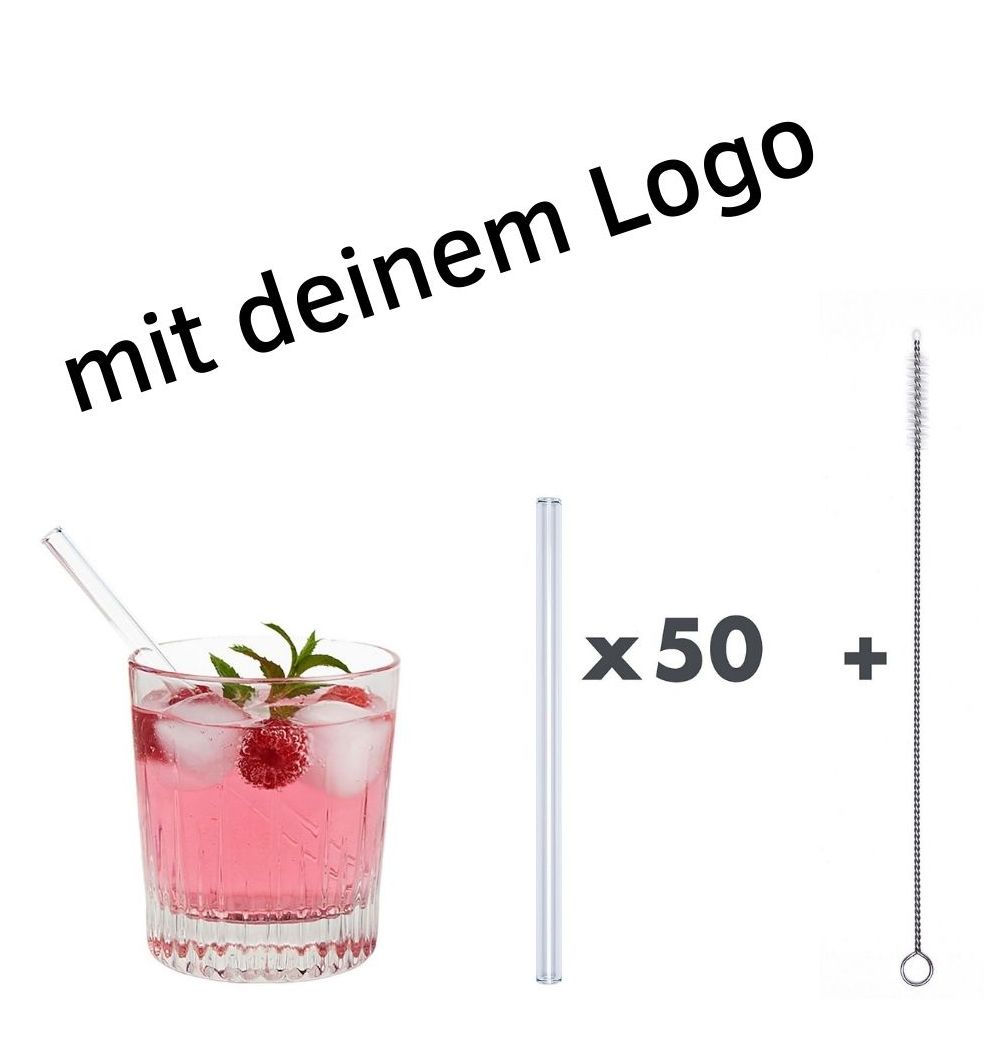 50 x Glastrinkhalme Klar Ø 8 mm Länge 15 cm + 1 Reinigungsbürste + Logo