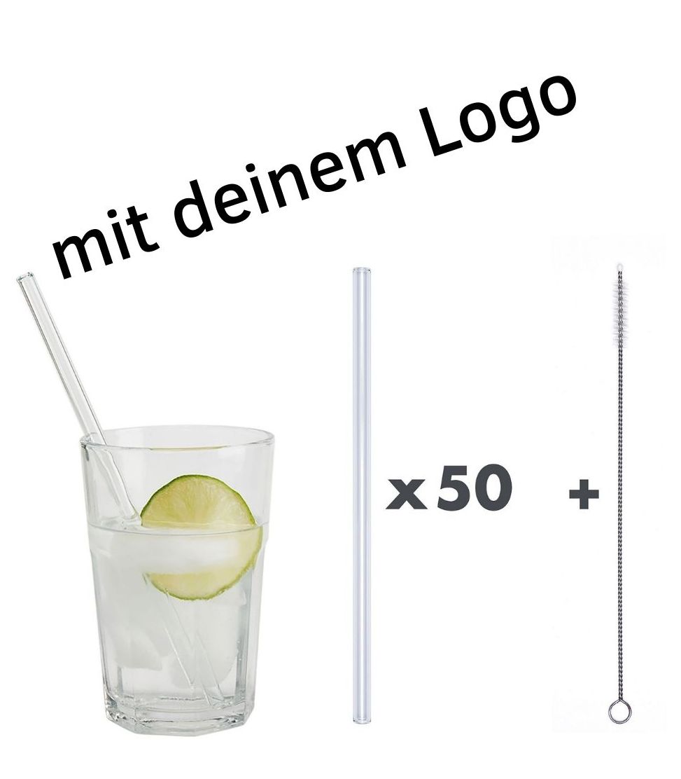 50 x Glastrinkhalme Klar Ø 8 mm Länge 20 cm + 1 Reinigungsbürste + Logo