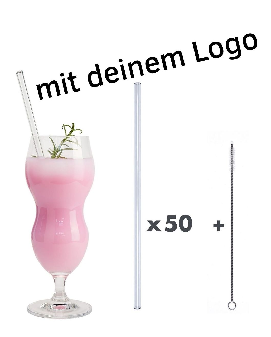 50 x Glastrinkhalme Klar Ø 8 mm Länge 27 cm + 1 Reinigungsbürste + Logo