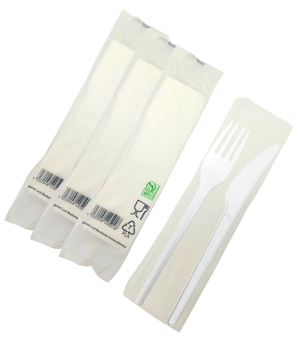 Bestecksets aus PLA Messer Gabel Serviette weiß