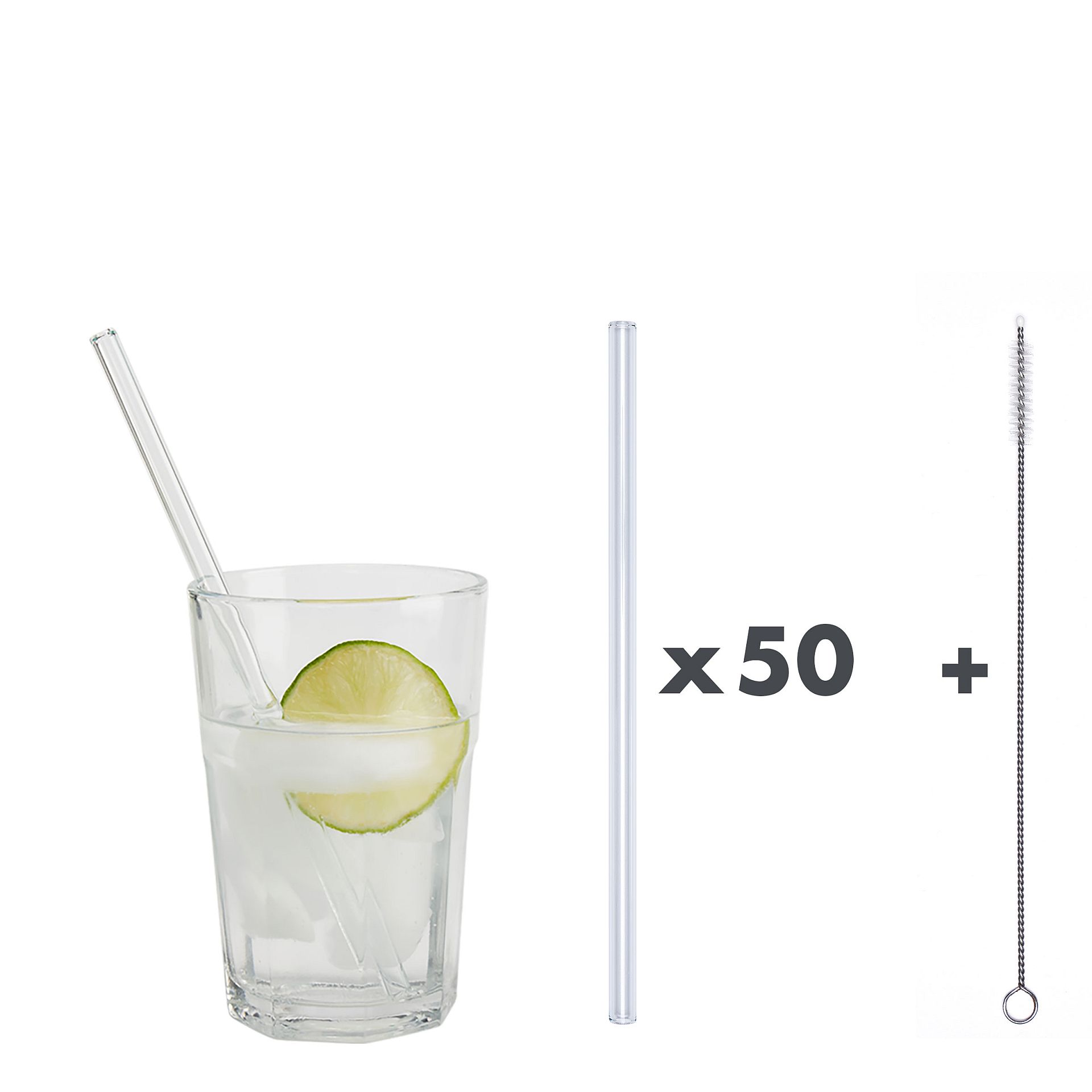 Glastrinkhalme Ø 8 mm Länge 20 cm + 1 Reinigungsbürste Klar 50er-Karton